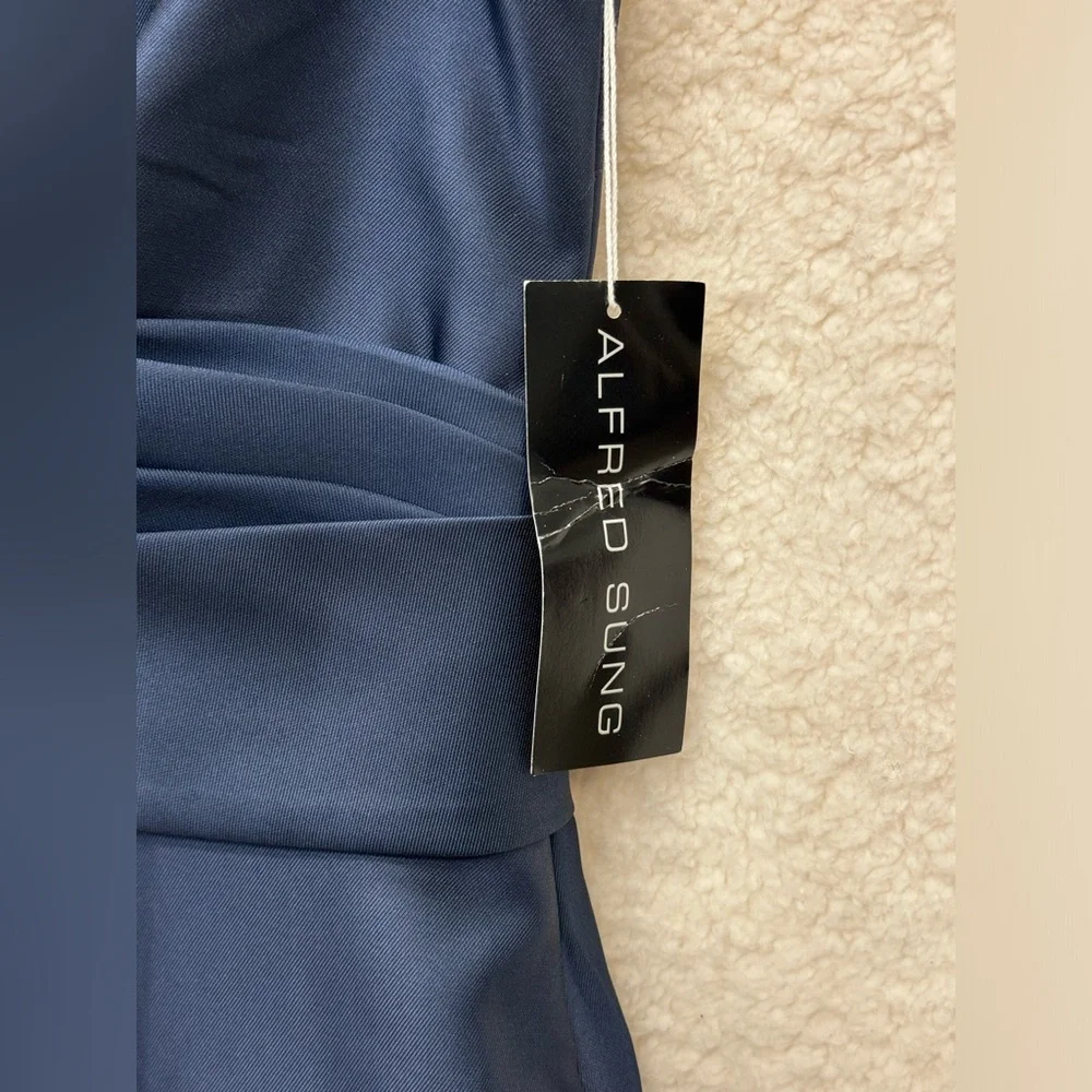 ALFRED SUNG Off-the-Shoulder Draped Satin Maxi Dress Pockets Size 4 NEW $240 - Picture 4 of 12